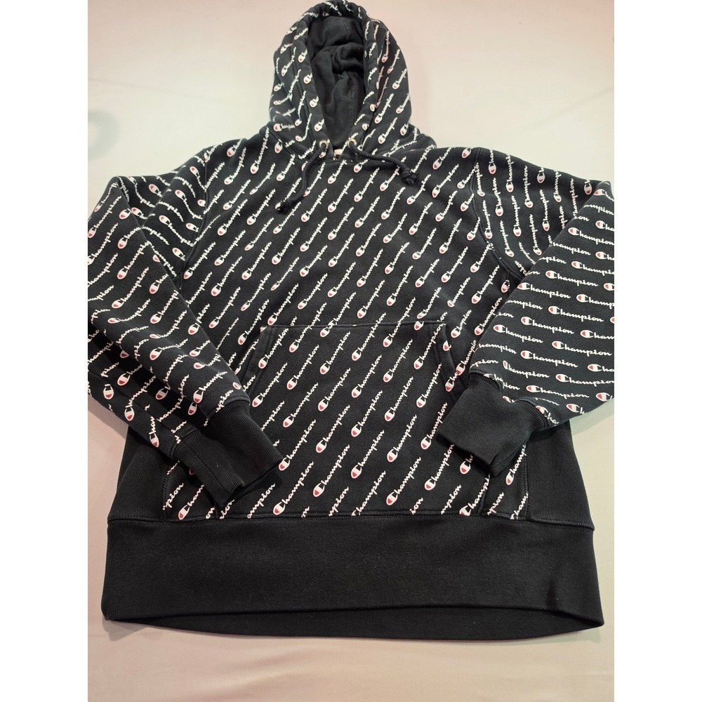 Champion Reverse Weave Hoodie Black All Over‎ Print Script Logo Mens Medium 1051